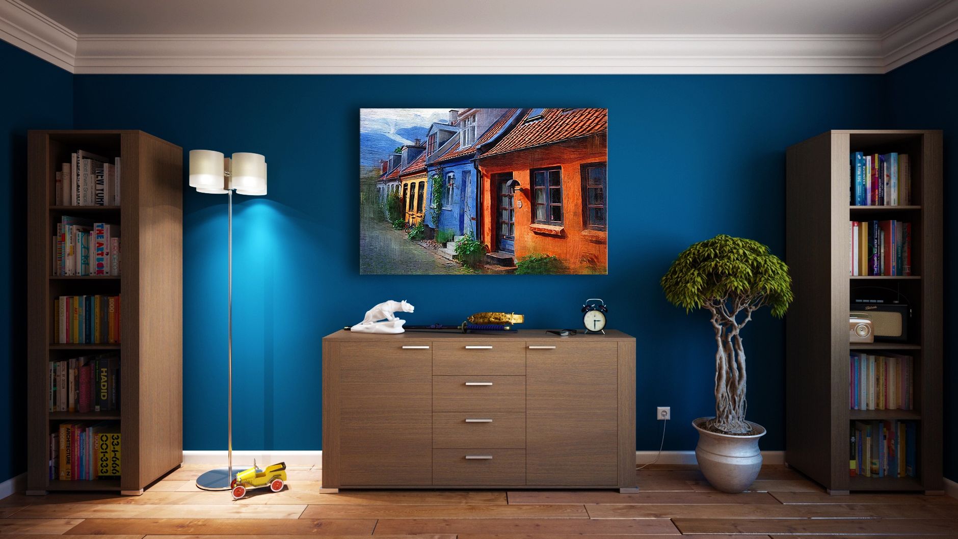 Modern living room with painted walls, bookshelves, and a framed painting, an example of a finished interior painting project
